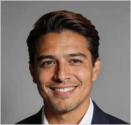 Smiling man with short dark hair wearing a white shirt and dark blazer against a plain gray background.