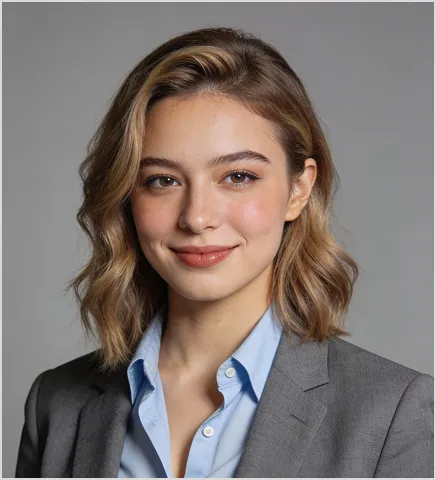 Young woman with wavy blonde hair wearing a gray blazer and light blue shirt smiling against a gray background.