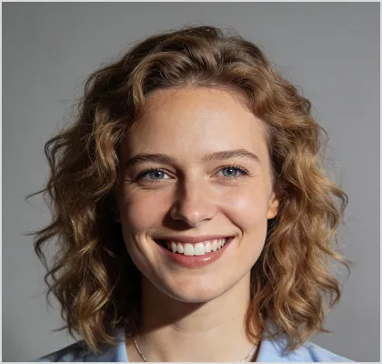 Smiling young woman with curly light brown hair and blue eyes against a gray background.