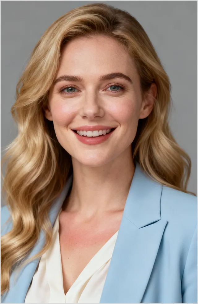 Smiling woman with long wavy blonde hair wearing a light blue blazer and white blouse against a gray background.