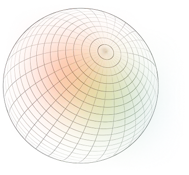 3D spherical wireframe globe with a color gradient from orange to green on a black background.