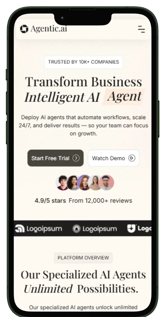 Mobile screen showing Agentic.ai webpage highlighting AI agents that automate workflows with a 4.9/5 star rating from 12,000+ reviews, and options to start free trial or watch demo.