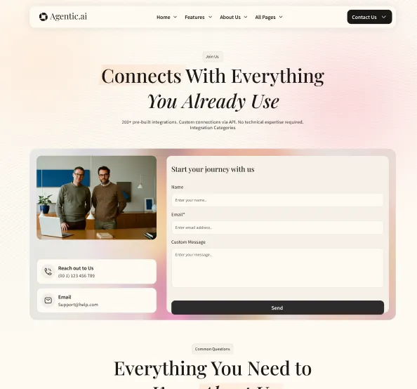 Website contact section with two men standing behind a desk on the left, contact options including phone and email, and a form on the right to enter name, email, and custom message.