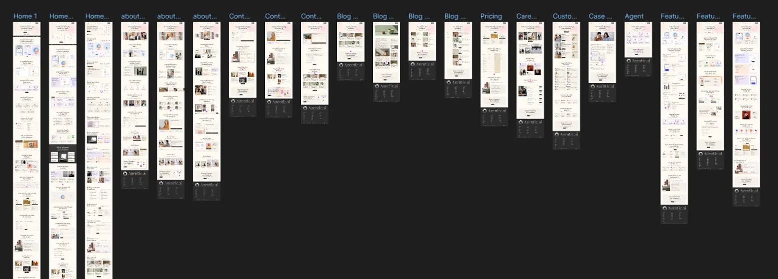 Thumbnail overview of multiple webpage designs for a navigation menu including sections like Home, About, Contact, Blog, Pricing, Careers, Customer, Case, Agent, and Features on a dark background.
