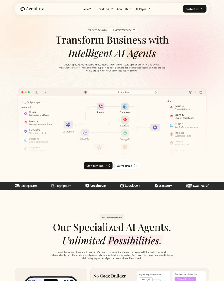 Agentic.ai homepage showcasing AI agents workflow diagram, navigation menu, call to action buttons, and a section highlighting specialized AI agents for business automation.