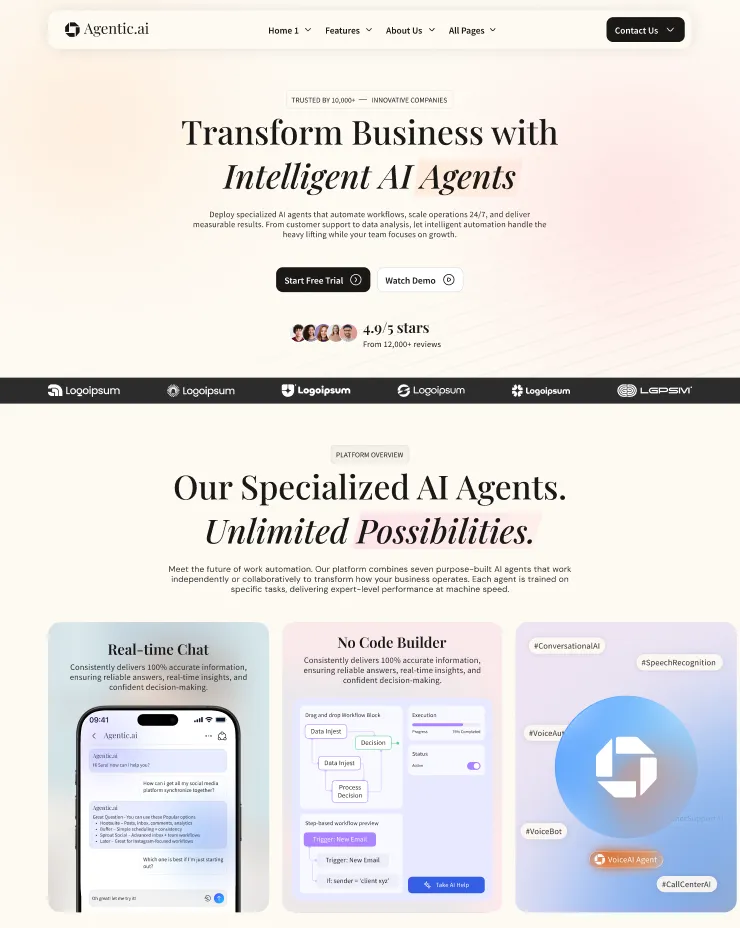 Website homepage of Agentic.ai showcasing AI business automation with options for Real-time Chat, No Code Builder, and AI Agents features.