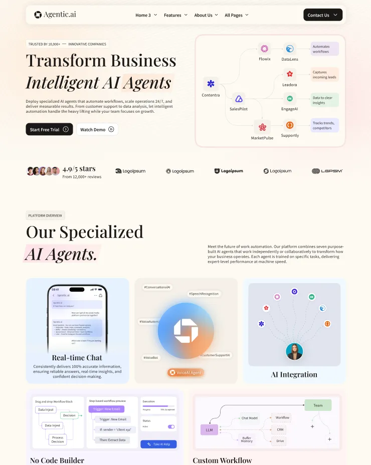 Agentic.ai homepage showcasing AI agents transforming business with sections on specialized AI agents including real-time chat, AI integration, no code builder, and custom workflow.