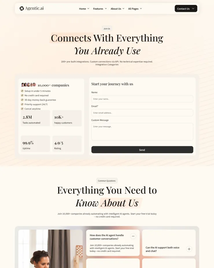 Agentic.ai contact page with a form to start a journey including fields for name, email, and custom message, alongside company stats and features; below are common questions about AI agent handling customer conversations.