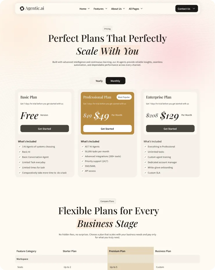 Pricing page for Agentic.ai showing Basic, Professional, and Enterprise plans with their features and monthly prices, plus comparison of flexible plans for different business stages.