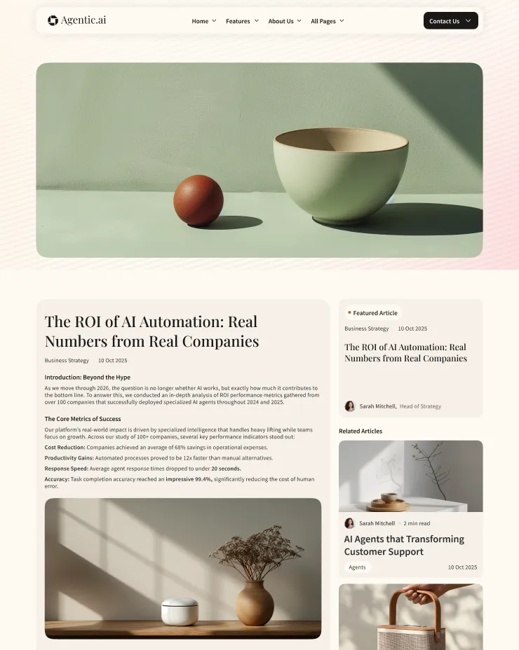 Website page titled 'The ROI of AI Automation: Real Numbers from Real Companies' featuring minimalistic photos of a bowl with a brown ball, and a vase with dried flowers on a wooden surface.