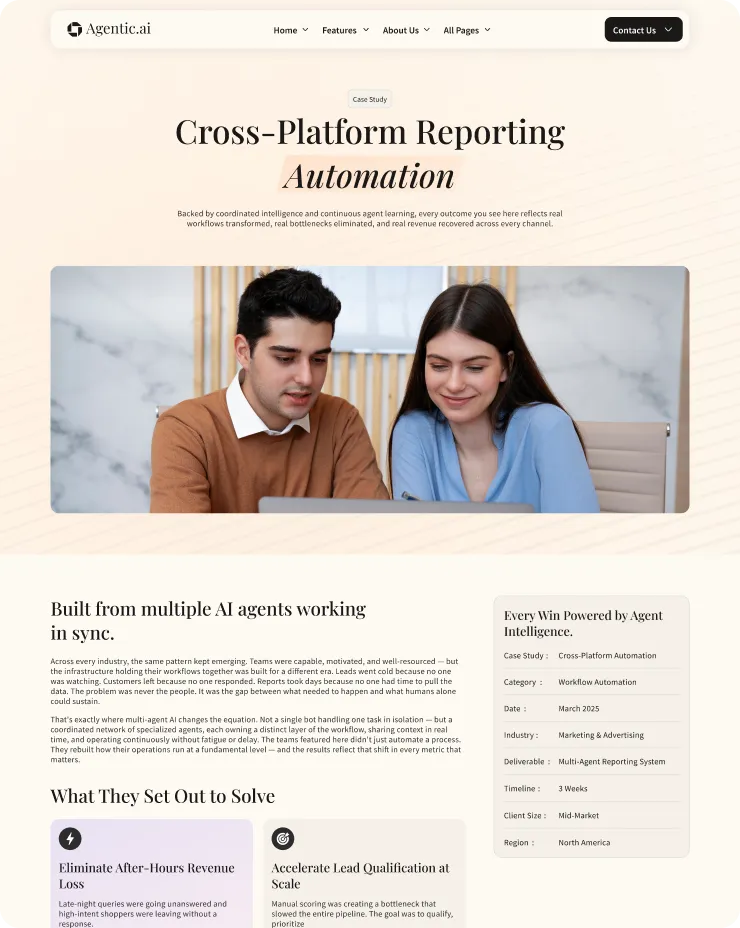 Website section titled Cross-Platform Reporting Automation showing two people working together on a laptop with detailed case study information on AI agents improving workflow automation.