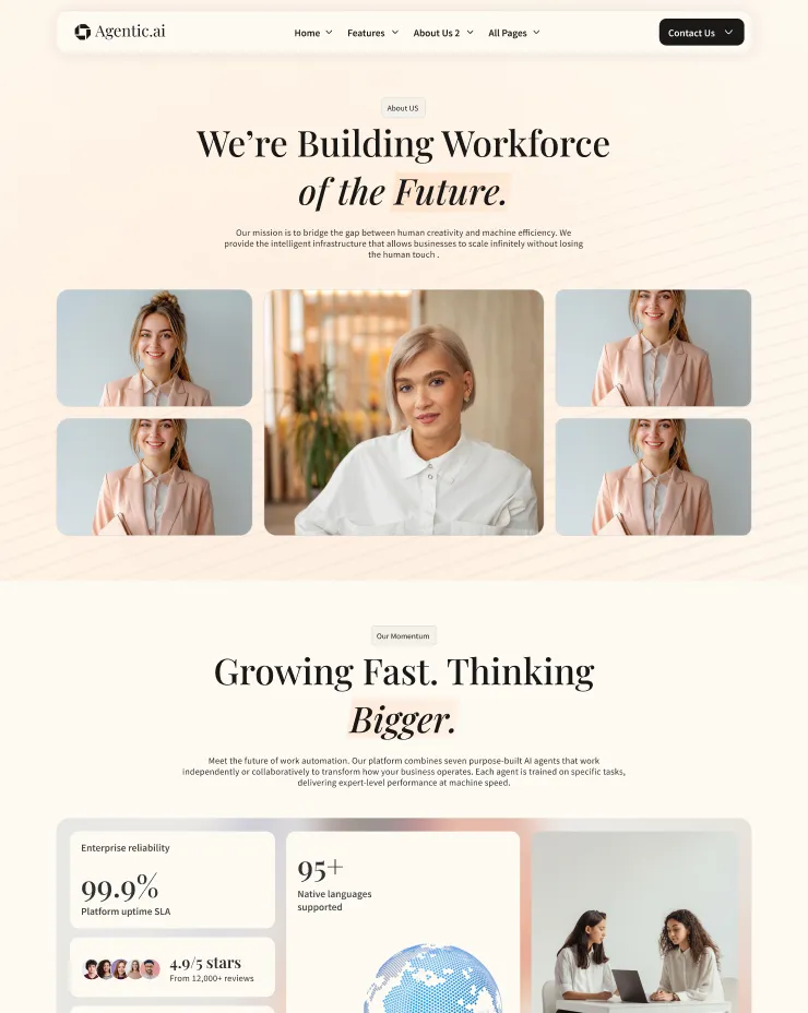 Agentic.ai webpage showing team photos, headline about building the future workforce, and growth statistics like 99.9% uptime and 95+ supported languages.
