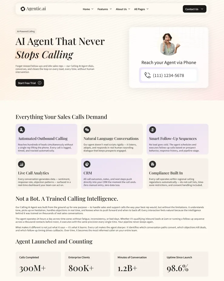 Agentic.ai webpage showcasing AI Agent for automated calling with features like outbound calling, natural language conversations, live call analytics, CRM integration, smart follow-up sequences, and compliance, plus statistics on calls completed, clients, conversation minutes, and uptime.