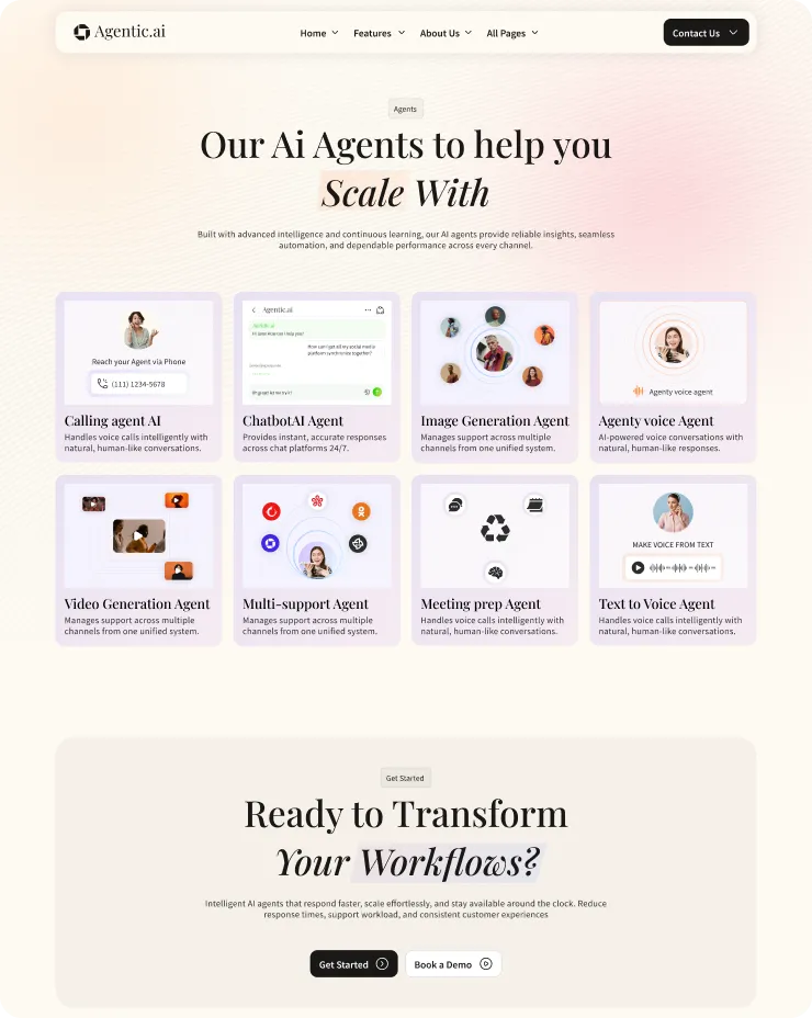 Agentic.ai homepage showing AI agents including Calling agent AI, Chatbot AI Agent, Image Generation Agent, Agenty voice Agent, Video Generation Agent, Multi-support Agent, Meeting prep Agent, and Text to Voice Agent with descriptions and a call to action to get started or book a demo.
