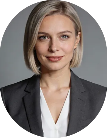 Portrait of a confident woman with short blonde hair wearing a dark blazer and white blouse against a gray background.