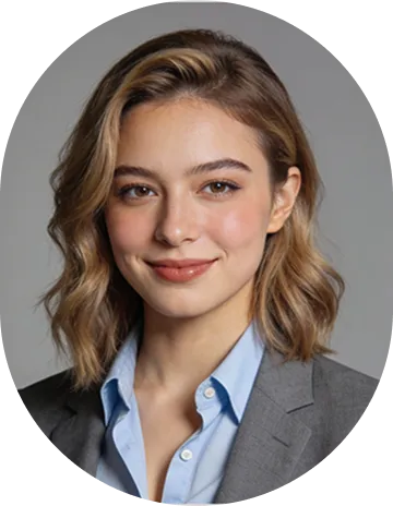 Young woman with blonde hair wearing a gray blazer and light blue shirt, smiling against a neutral gray background.