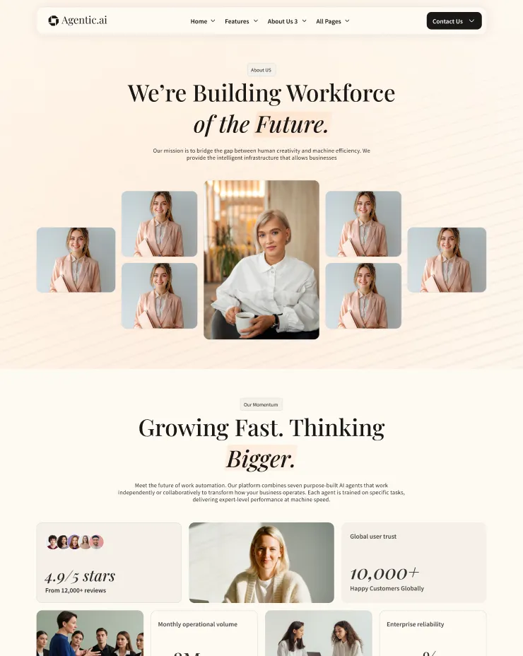 Website section with header 'We’re Building Workforce of the Future' and images of smiling professional women, followed by 'Growing Fast. Thinking Bigger.' section highlighting customer ratings and global trust.