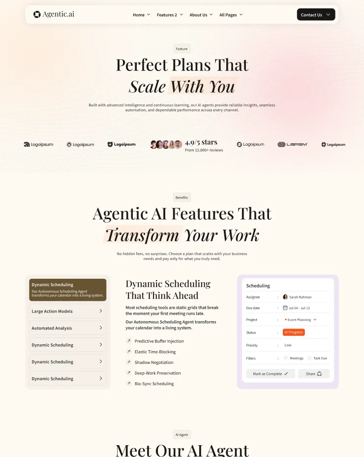 Agentic.ai webpage featuring AI scheduling tool with highlighted features like dynamic scheduling, predictive buffer injection, and task management interface showing a project status as In Progress.