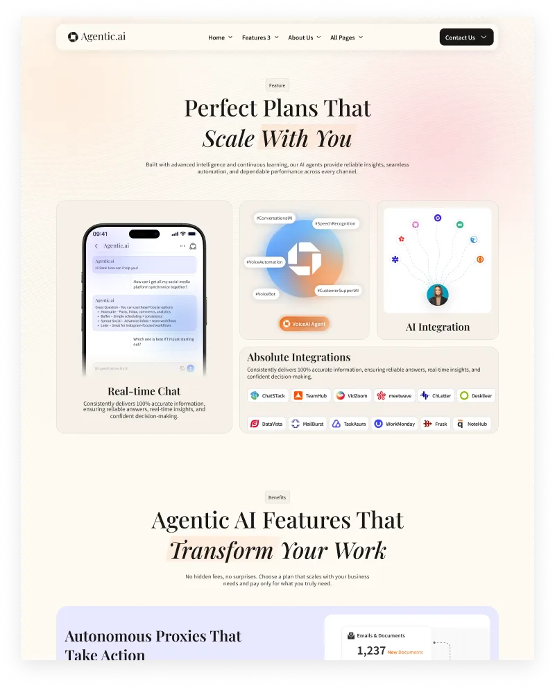 Agentic.ai webpage showcasing AI features including real-time chat interface, VoiceAI agent integration with tags like Conversational AI and Speech Recognition, and logos of integrated apps such as ChatStack and TeamHub.