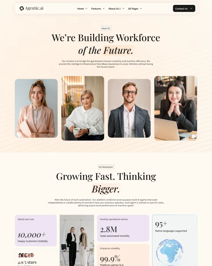 About page of Agentic.ai with mission statement, photos of four professionals, and key metrics on AI workforce automation and platform performance.