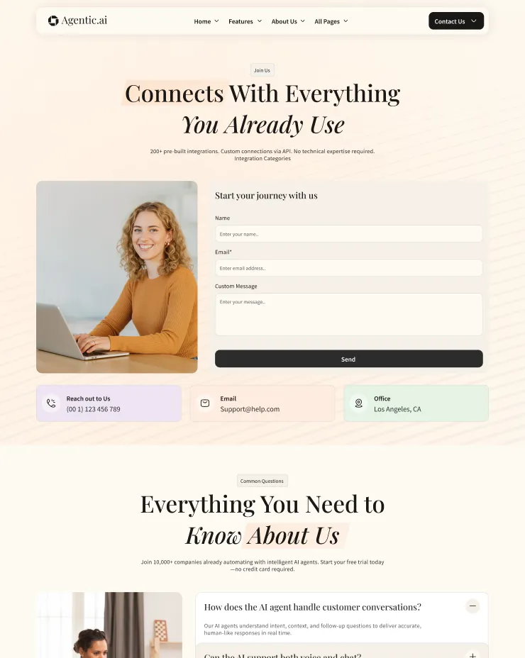 Contact page with a woman using a laptop, a form for name, email, and message, and contact info including phone, email, and office location.
