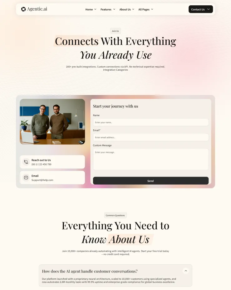 Contact page of Agentic.ai website featuring a header with navigation, a photo of two men standing behind a desk, contact details with phone and email, a form to start a journey with fields for name, email, and message, and an FAQ section about AI agents handling customer conversations.