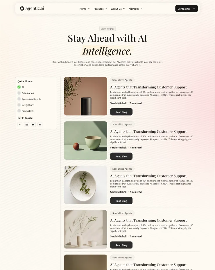 Blog page titled Stay Ahead with AI Intelligence featuring four articles on AI agents transforming customer support, each with an image, summary, author Sarah Mitchell, and read time.