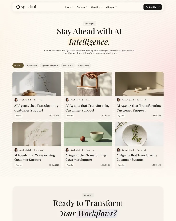 Webpage titled Stay Ahead with AI Intelligence showing six blog posts by Sarah Mitchell on AI Agents transforming customer support, with categories like Automation and Productivity.