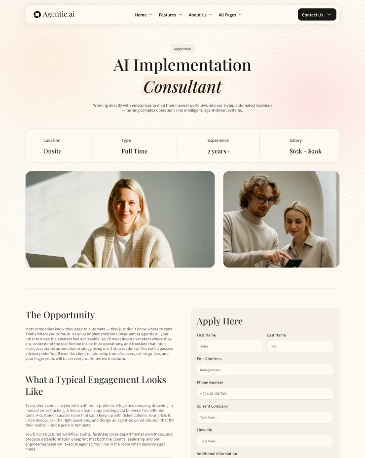 Career page for AI Implementation Consultant at Agentic.ai showing job details, salary, experience, and an application form with photos of professionals working.