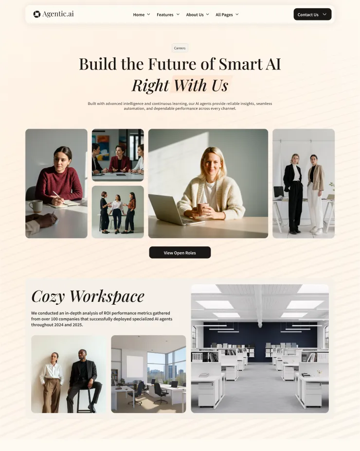 Careers page of Agentic.ai website with headline 'Build the Future of Smart AI Right With Us', showing diverse professionals working, a cozy workspace, and a button to view open roles.