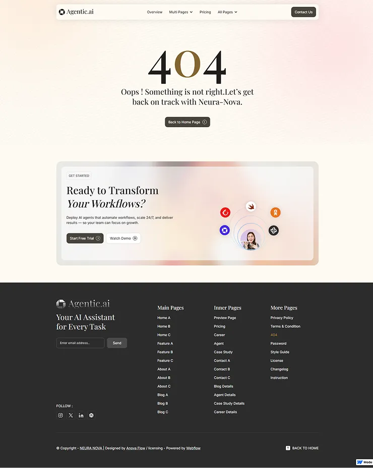 404 error page for Agentic.ai showing message 'Oops! Something is not right. Let’s get back on track with Neura-Nova' and a button to return to the home page, with navigation menus and footer links.