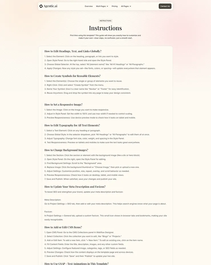 Instruction page of Agentic.ai template with detailed steps on editing headings, creating reusable symbols, responsive images, typography, background images, meta description, and CMS items.