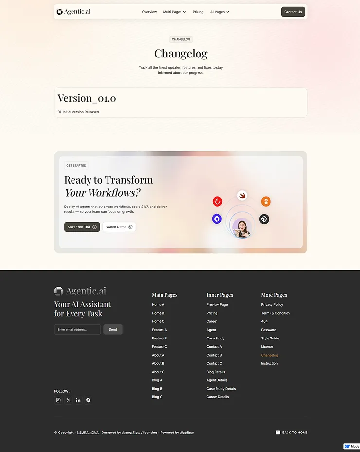 Webpage showing Agentic.ai changelog with version 01.0 released, a call to action for AI workflow automation, and footer with site navigation links.