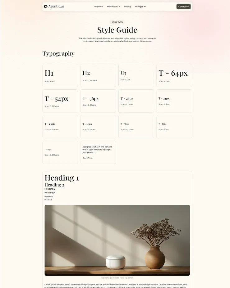 Style guide page displaying typography sizes from H1 to small text and a photo of a vase with dried flowers on a wooden surface under a window shadow.