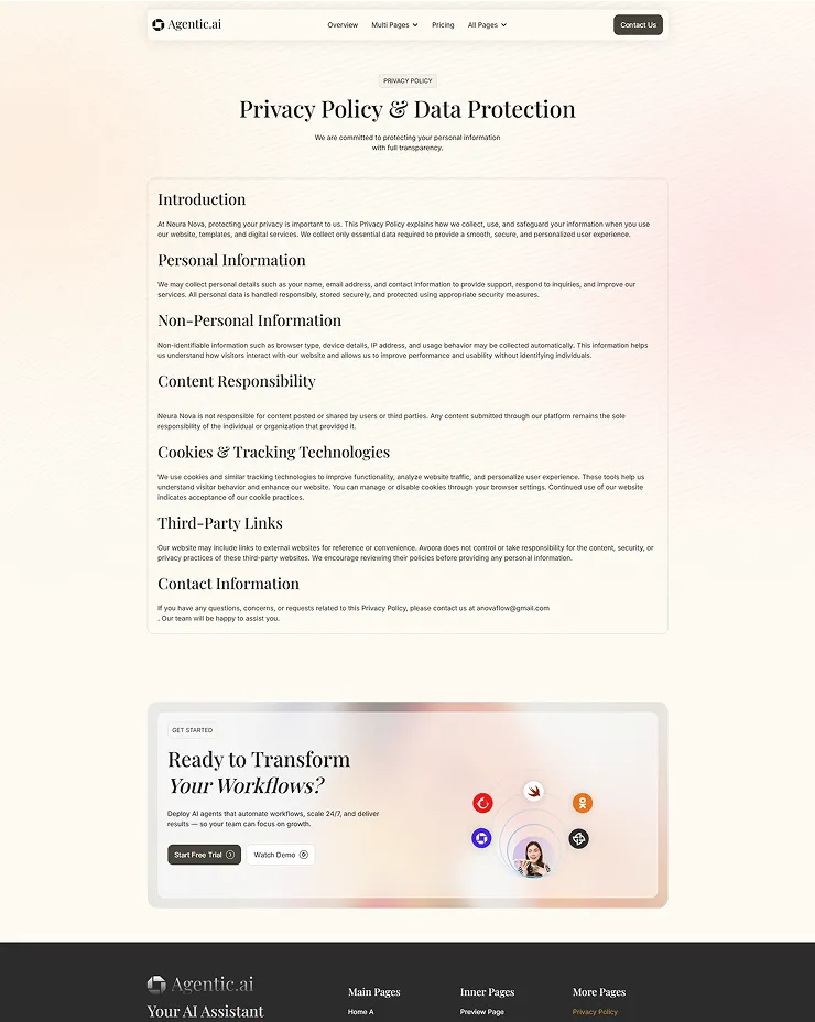 Privacy Policy & Data Protection page of Agentic.ai with sections on introduction, personal information, non-personal information, content responsibility, cookies, third-party links, and contact info, plus a call to action to start free trial or watch demo at the bottom.