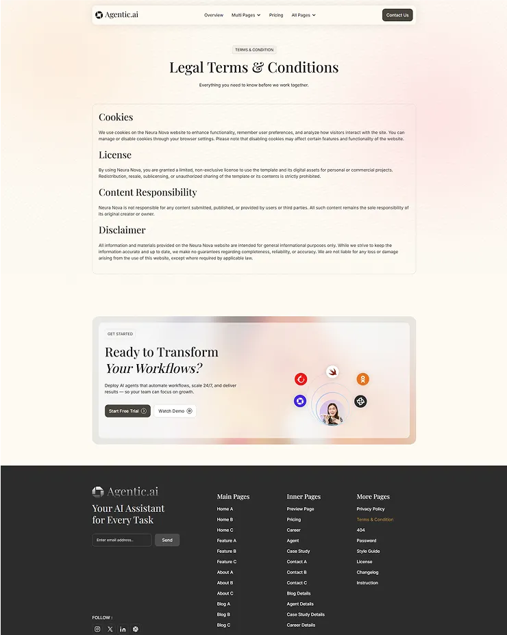 Website terms and conditions page for Agentic.ai including sections on Cookies, License, Content Responsibility, and Disclaimer, with a call-to-action to start a free trial or watch a demo.