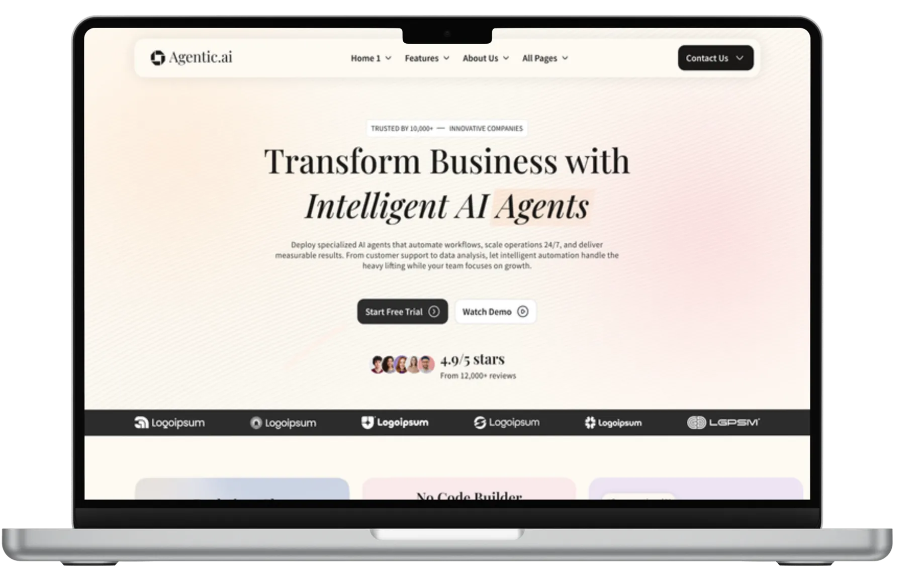 Laptop screen displaying Agentic.ai homepage with headline 'Transform Business with Intelligent AI Agents' and buttons for Start Free Trial and Watch Demo.