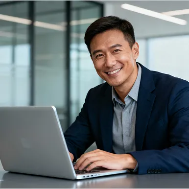 Smiling man in business attire working on a laptop at a desk in a modern office.