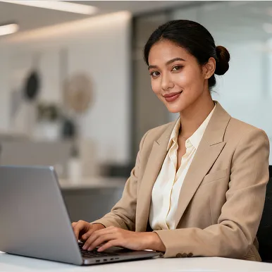 Smiling professional woman in a beige blazer working on a laptop at a desk in a modern office.