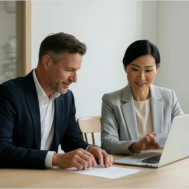 Two business professionals, a man and a woman, reviewing documents together at a desk with a laptop.
