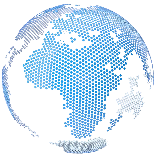 Blue hexagonal patterned sphere representing a stylized globe with visible continents including Africa and Europe.
