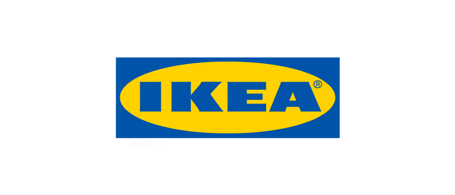 Logo IKEA z żółtym owalem na niebieskim tle.