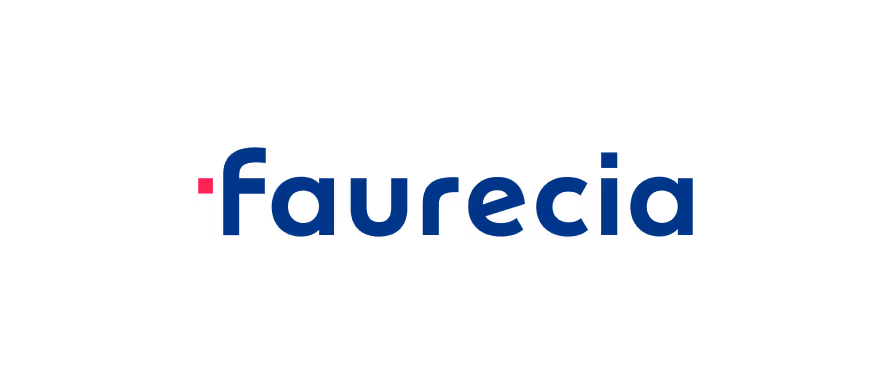 Logo firmy Faurecia z niebieskim napisem i różowym kwadratem.