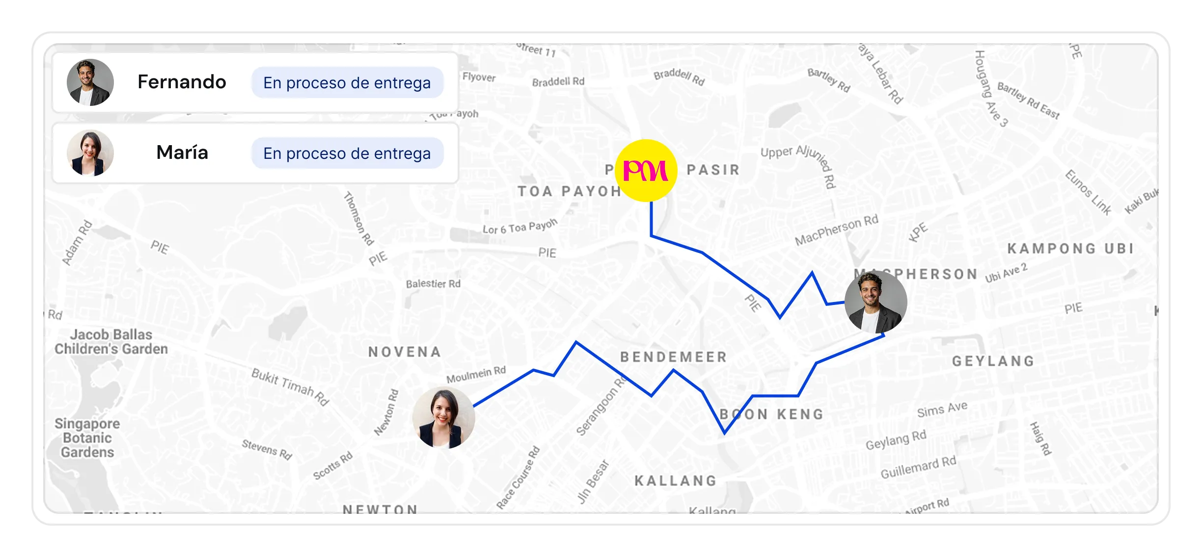 Mapa de ruta de entrega en Singapur con dos usuarios, Fernando y María, mostrando su estado como 'En proceso de entrega'.