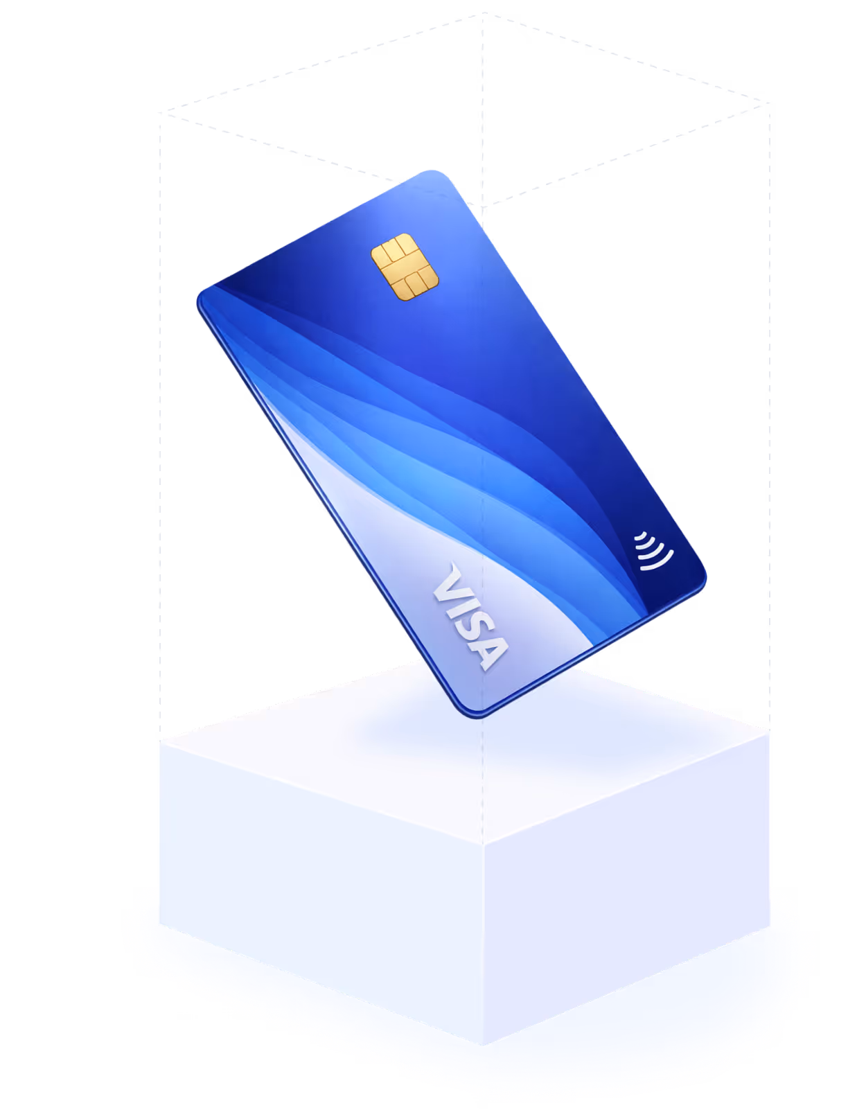 Tarjeta de crédito azul Visa con chip y símbolo de pago sin contacto flotando sobre un pedestal blanco.