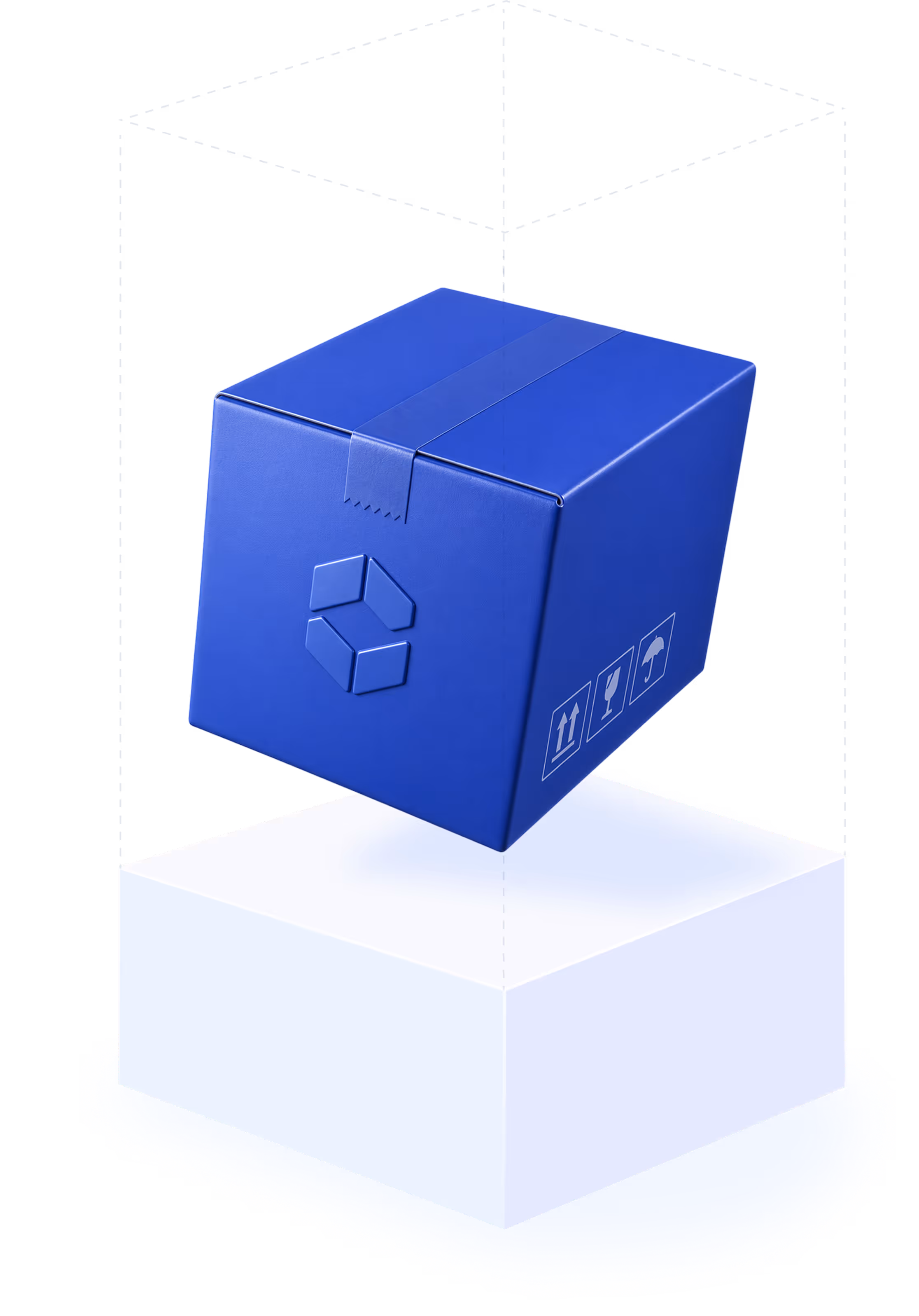 Caja azul con símbolos de manejo seguro sobre una base blanca, representando logística y envío.