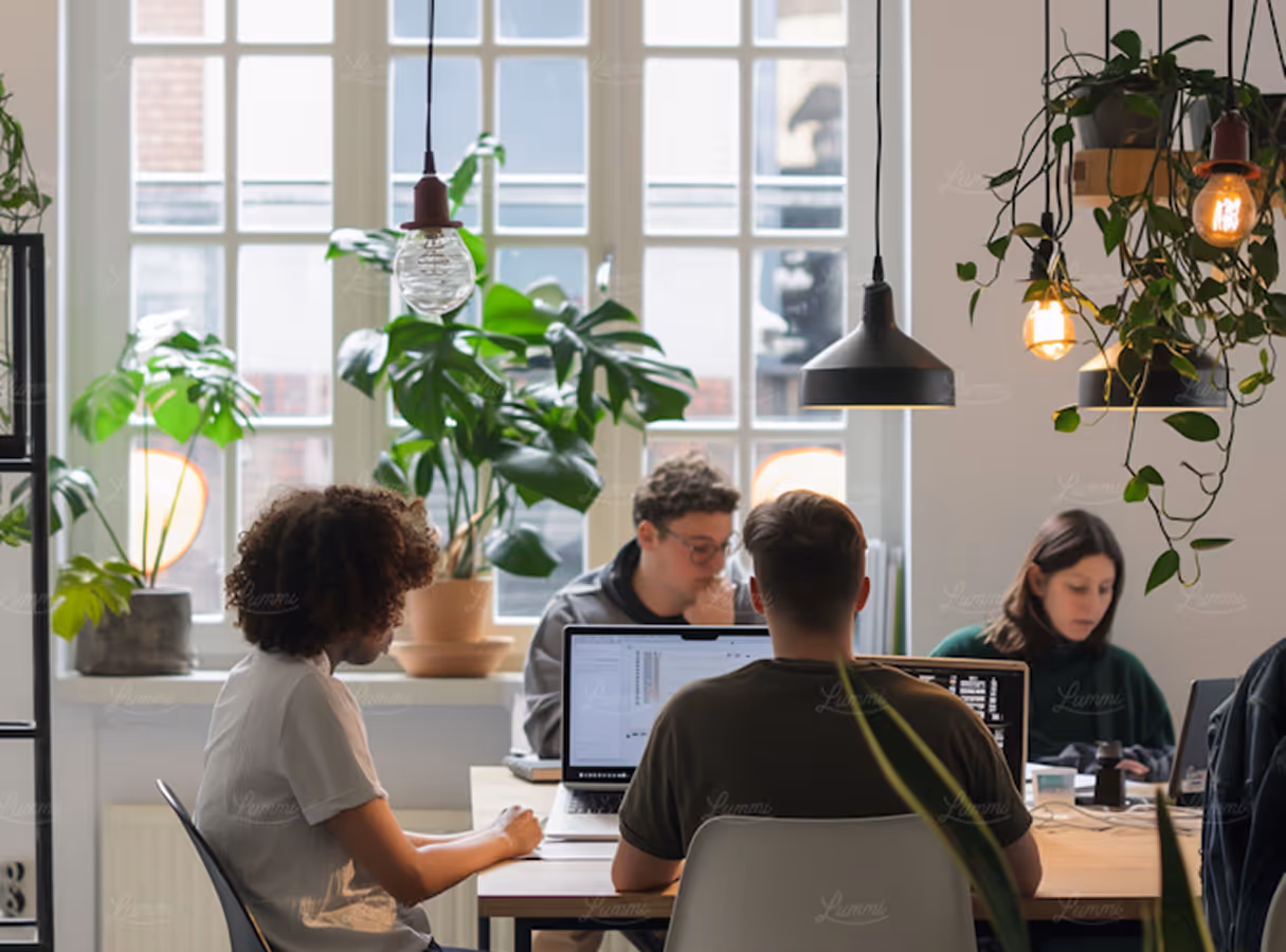 Personas trabajando en laptops en una mesa en una oficina luminosa con plantas y lámparas colgantes.