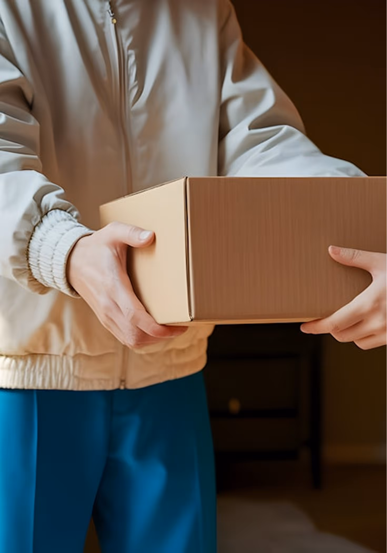Persona con chaqueta beige entregando una caja de cartón a otra persona.