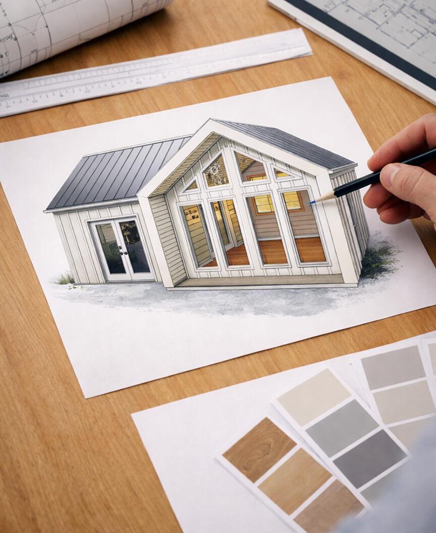 Hand holding a pencil pointing to a detailed architectural drawing of a modern house with large windows, surrounded by color and wood texture samples and architectural plans on a wooden desk.