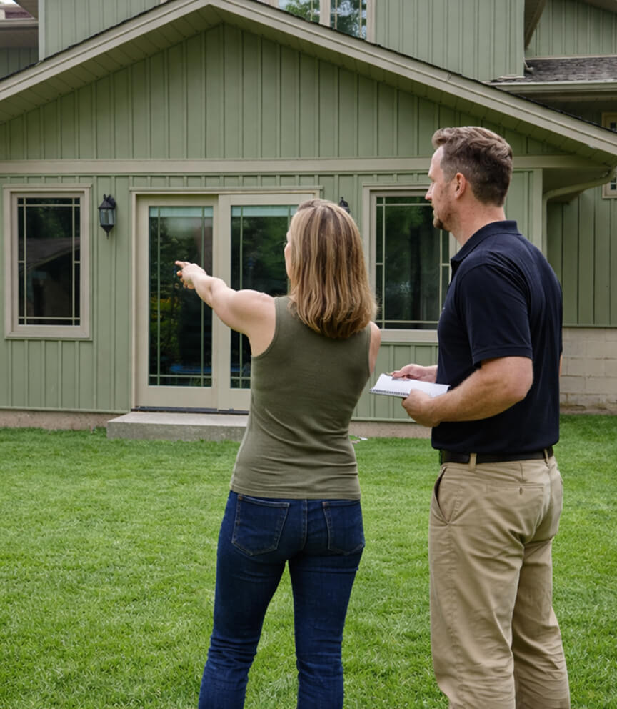 Woman pointing at the exterior of a green house while a man with a notebook listens.